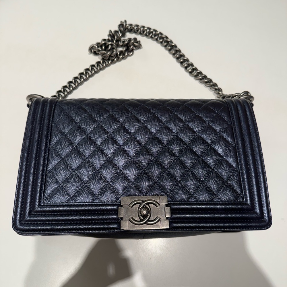 Chanel Navy Quilted Caviar Leather Boy Bag